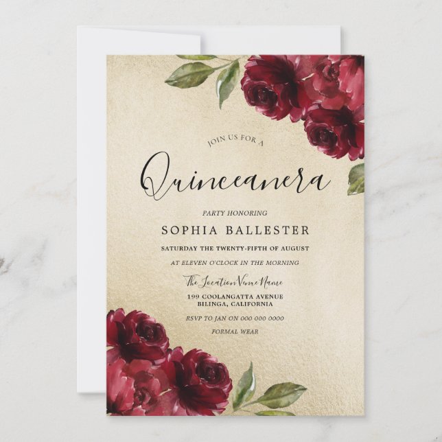 Invitación Flores Rojas Borgoña Elegante De Oro Quinceanera (Anverso)