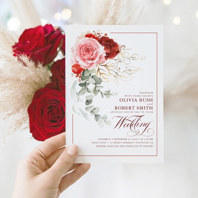 Invitación Flores rojas borgoñonas Eucalyptus Boho Boda (Red and Pink Floral Botanical Elegant Chic Wedding Invitation)
