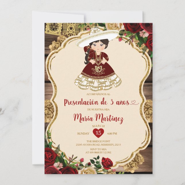 Invitación Flores rojas borgoñonas presentan de tres años (Anverso)