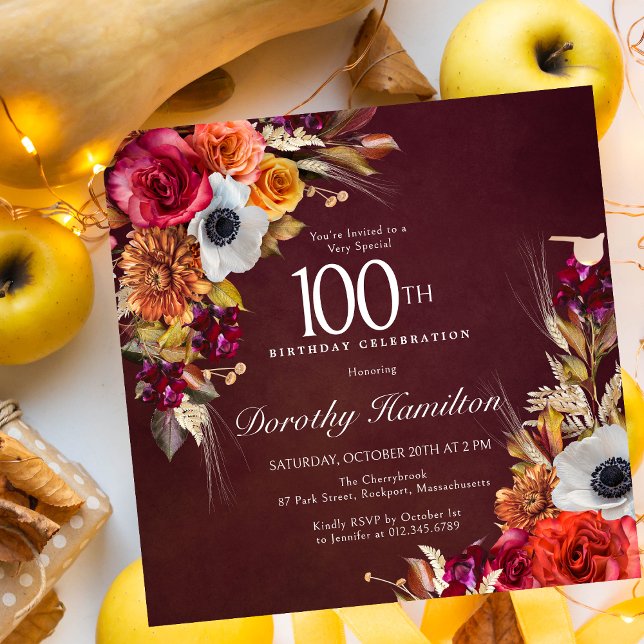Invitación Flores rojas borgoñonas Script 100 cumpleaños (100th Birthday Fall Flowers Square Invitation. )