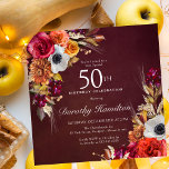 Invitación Flores rojas borgoñonas Script 50 cumpleaños<br><div class="desc">Hermosas flores caídas decoran dos esquinas de esta invitación. Rosas rojas,  flores de terracota y peonías blancas se mezclan con hojas verdes y follaje. Las flores y el guión moderno blanco se golpean contra el fondo rojo burdeos. Este artículo forma parte de la colección Flores de otoño de Borgoña.</div>