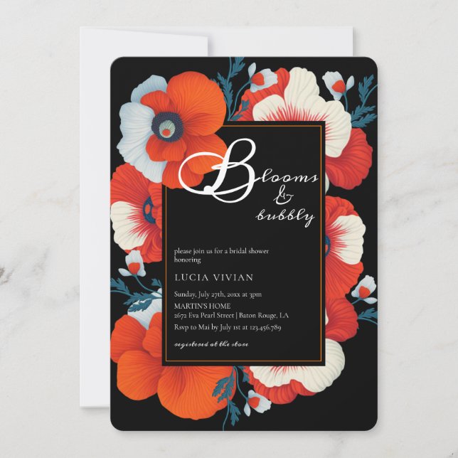 Invitación Flores rojas brillantes y flores nupciales brillan (Anverso)