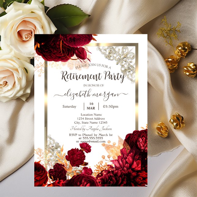 Invitación Flores rojas chic marco dorado jubilación   (Subido por el creador)
