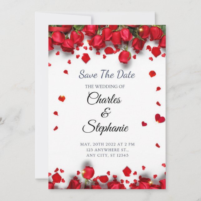 Invitación Flores rojas con corazones rojos románticos (Anverso)