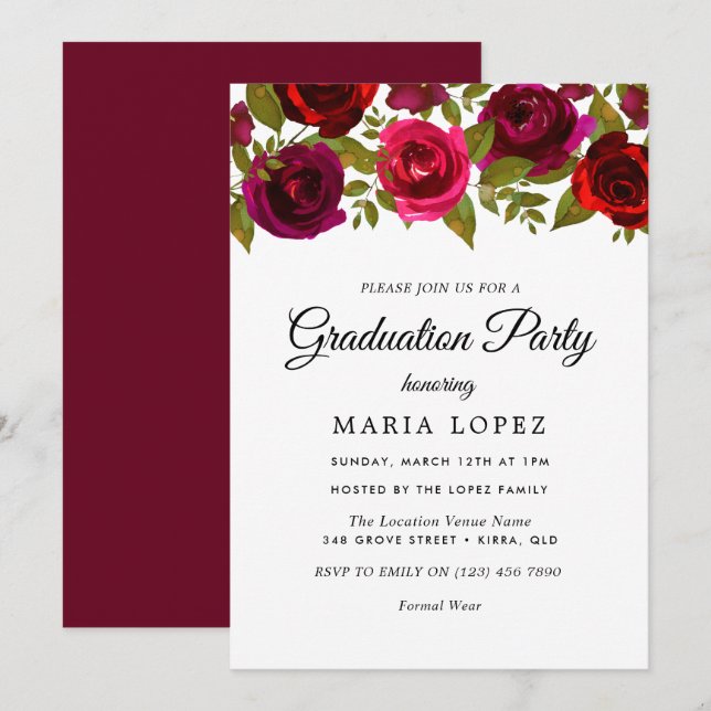 Invitación Flores rojas de Borgoña Elegante Partido de Gradua (Anverso / Reverso)