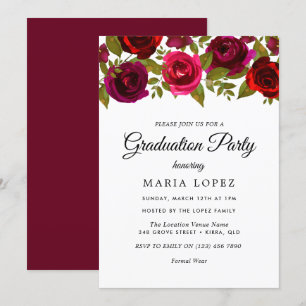Invitación Flores rojas de Borgoña Elegante Partido de Gradua