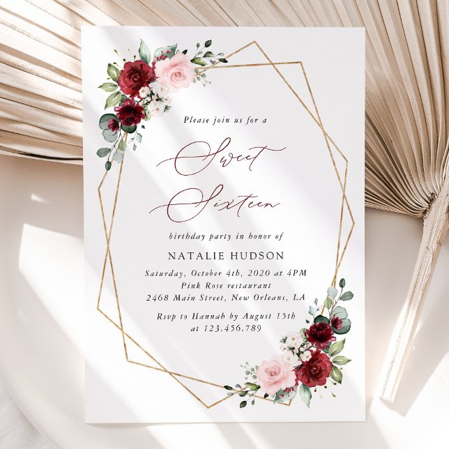 Invitación Flores rojas de Borgoña, flores rosas, dulces 16 (Subido por el creador)