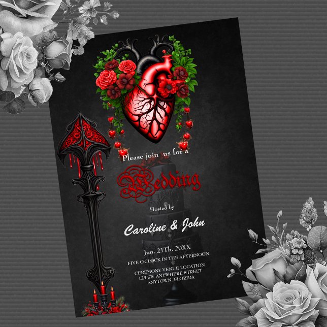 Invitación Flores rojas de corazón gótico. (Heart)