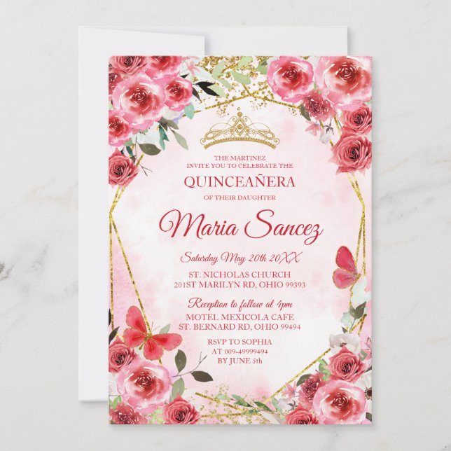 Invitación Flores rojas de oro Chica mexicana Charra Mis Quin (Anverso)