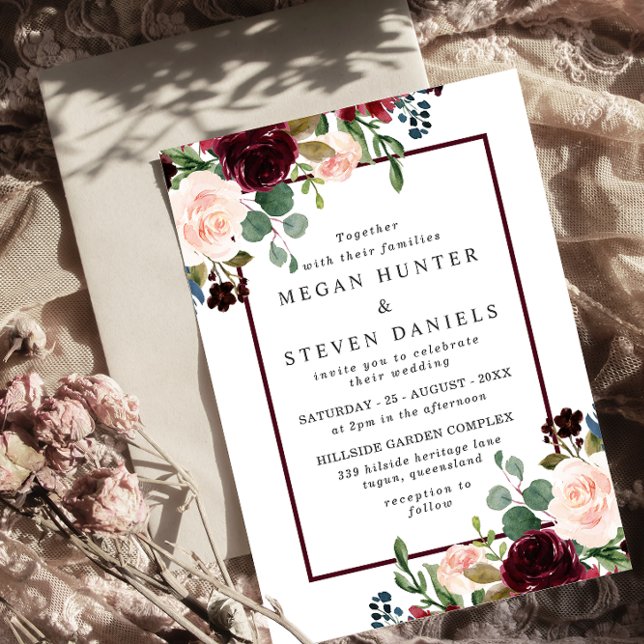 Invitación Flores rojas de vino romántico matrimonio elegante (Subido por el creador)