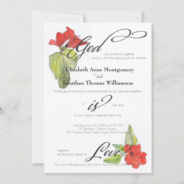 Invitación Flores rojas Dios es amor Boda religioso (Anverso)