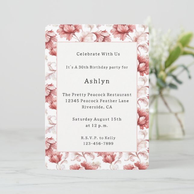 Invitación Flores Rojas Elegantes Cumpleaños Chic (Anverso de pie)
