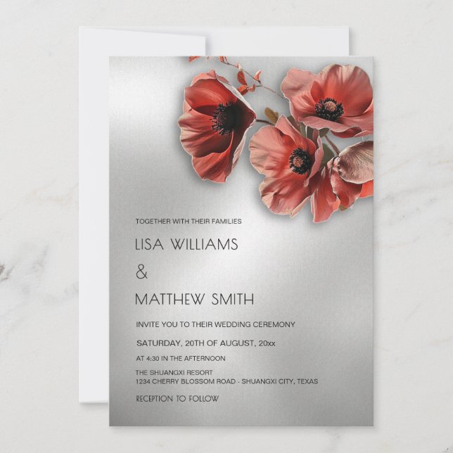 Invitación Flores Rojas Elegantes de Plata | Boda de Foto (Anverso)