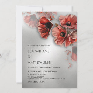 Invitación Flores Rojas Elegantes de Plata Boda de Foto