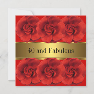 Invitación Flores Rojas Elegantes Oro Fabuloso 40th