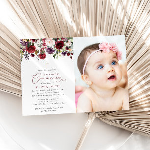 Invitación Flores Rojas, Flores Rosadas, Primera Comunión