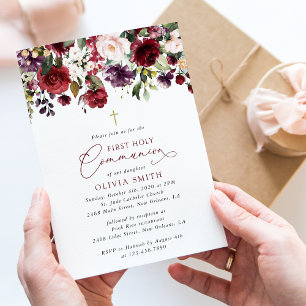 Invitación Flores rojas, flores rosadas, Primera Comunión