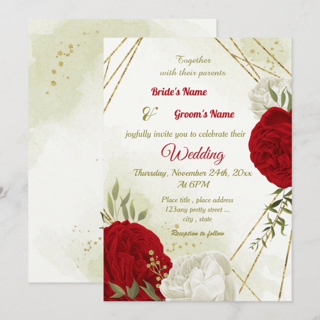 Invitación flores rojas hojas verdes boda (Anverso / Reverso)