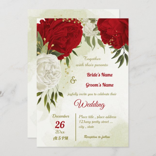Invitación flores rojas hojas verdes boda (Anverso / Reverso)