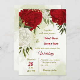 Invitación flores rojas hojas verdes boda