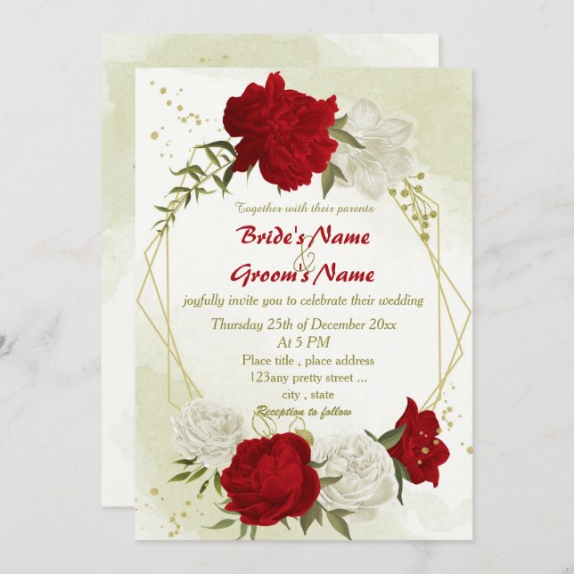 Invitación flores rojas hojas verdes boda (Anverso / Reverso)