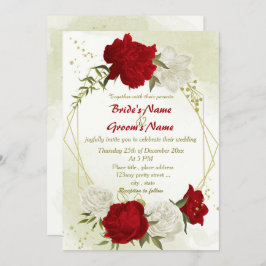 Invitación flores rojas hojas verdes boda