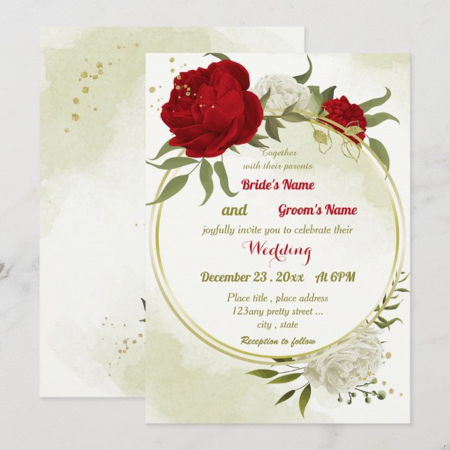 Invitación flores rojas hojas verdes boda (Anverso / Reverso)