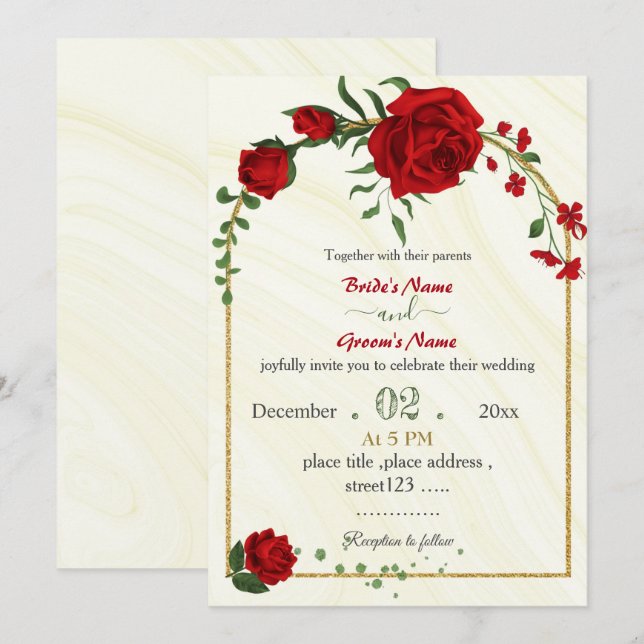 Invitación flores rojas hojas verdes boda marco de oro (Anverso / Reverso)