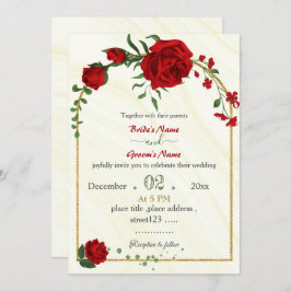 Invitación flores rojas hojas verdes boda marco de oro