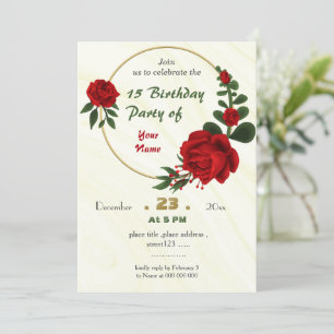 Invitación flores rojas hojas verdes cumpleaños wreth