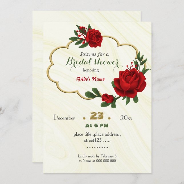 Invitación flores rojas hojas verdes marco dorado ducha de no (Anverso / Reverso)