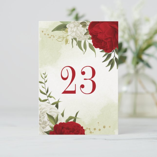 Invitación flores rojas hojas verdes número de tabla (Anverso de pie)