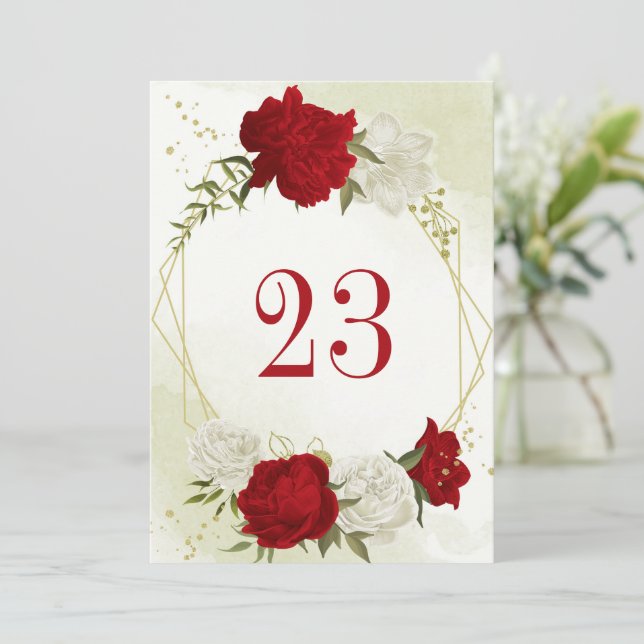 Invitación flores rojas hojas verdes número de tabla (Anverso de pie)