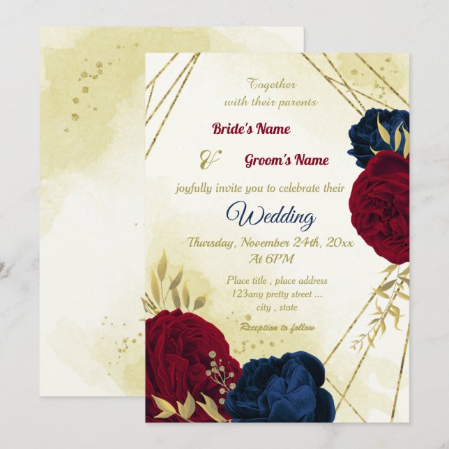Invitación flores rojas marinas hojas de oro boda (Anverso / Reverso)