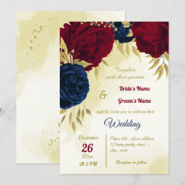 Invitación flores rojas marinas hojas de oro boda