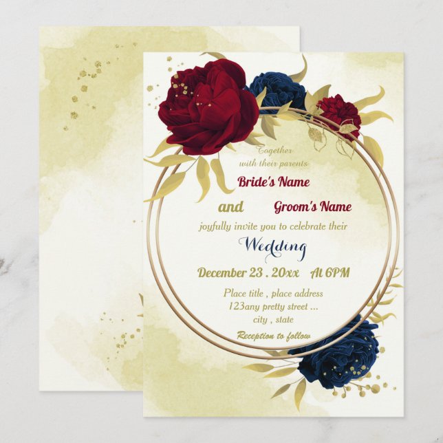 Invitación flores rojas marinas hojas de oro boda geométrico (Anverso / Reverso)