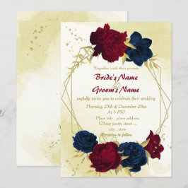 Invitación flores rojas marinas hojas de oro boda geométrico