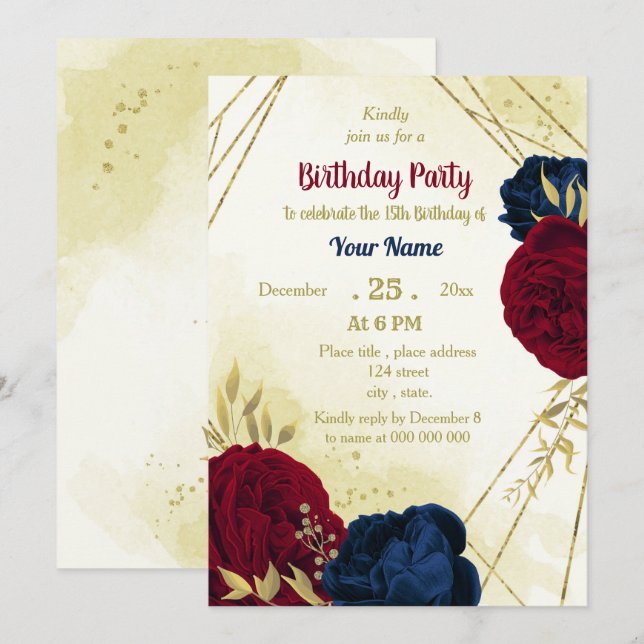 Invitación flores rojas marinas hojas de oro cumpleaños (Anverso / Reverso)