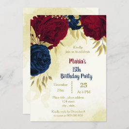 Invitación flores rojas marinas hojas de oro cumpleaños