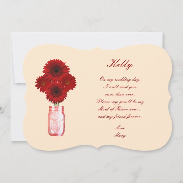 Invitación Flores Rojas Mason Jar Maid Of Honor Card (Anverso)