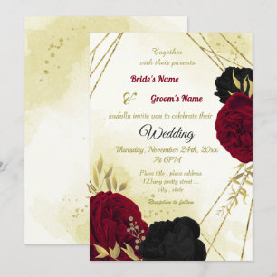 Invitación flores rojas negras hojas de oro boda