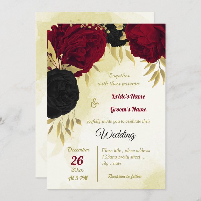 Invitación flores rojas negras hojas de oro boda (Anverso / Reverso)