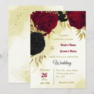 Invitación flores rojas negras hojas de oro boda