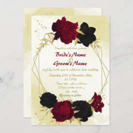 Invitación flores rojas negras hojas de oro boda geométrico