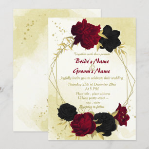 Invitación flores rojas negras hojas de oro boda geométrico