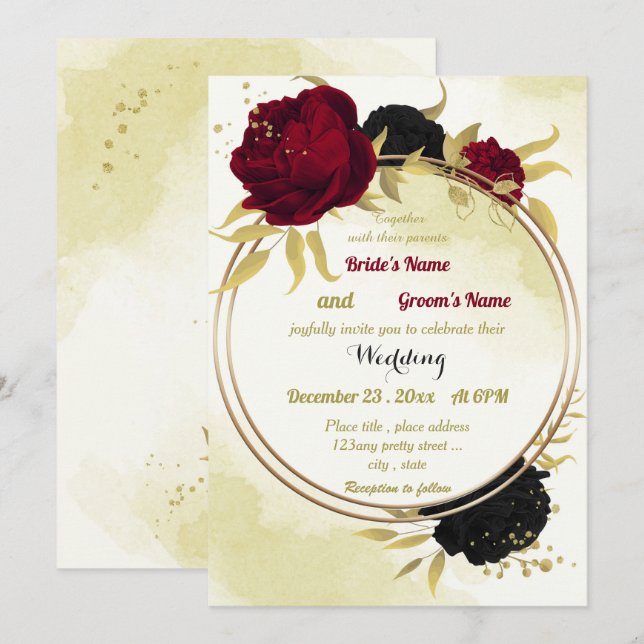 Invitación flores rojas negras hojas de oro boda geométrico (Anverso / Reverso)