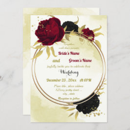 Invitación flores rojas negras hojas de oro boda geométrico