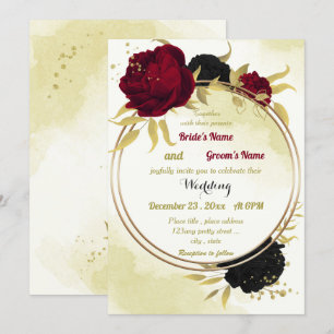 Invitación flores rojas negras hojas de oro boda geométrico