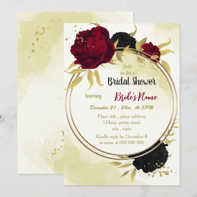 Invitación flores rojas negras hojas de oro ducha de novia (Anverso / Reverso)