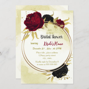 Invitación flores rojas negras hojas de oro ducha de novia